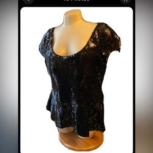 NWT JS Boutique SZ XL Sequin Peplum Blouse Shirt Top BLACK Lined CAP Slveeves